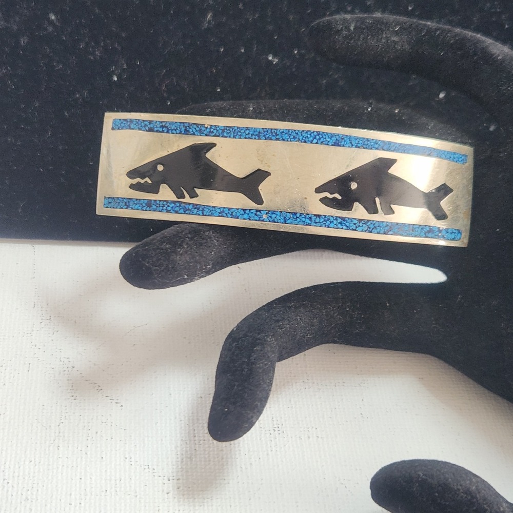 Vtg Mexico Silver Turquoise Chip Inlay Fish Hair Barrette Clip Made In France